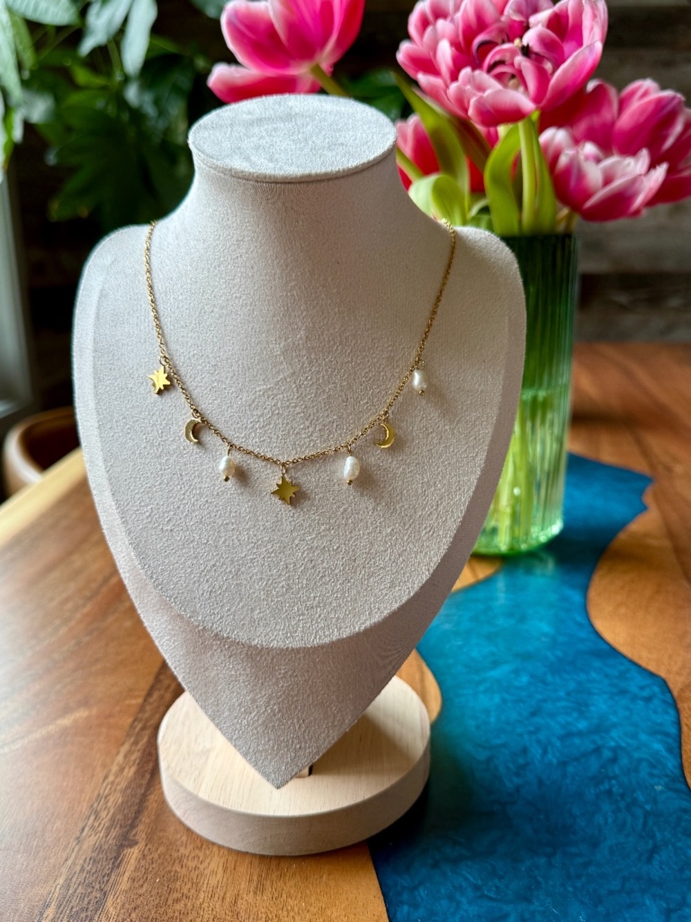 Gold Star and Moon Necklace with Faux Pearls